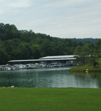 Pontoon Boats and houseboats anchored at the Yatesville Lake Marina on a sunny day in Lawrence County, Kentucky.